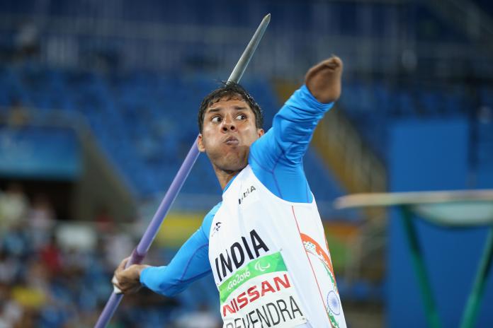 Indian Paralympic athlete Devendra Jhajharia throwing the javelin