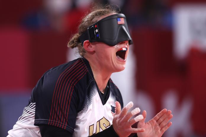 US goalball player Lisa Czechowski claps and shouts to motivate her team