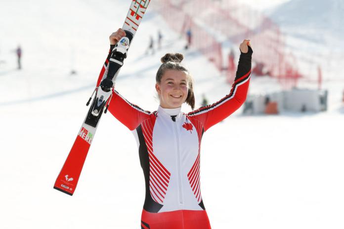 Mollie Jepsen celebrates after winning gold in the Alpine Skiing - Women's Super Combined, Standing at the 2018 PyeongChang Games.