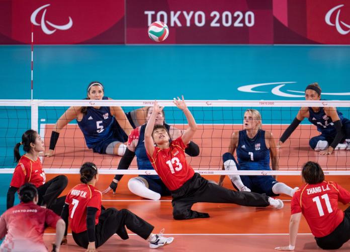 A sitting volleyball match between China and the USA at the Tokyo 2020 Paralympics.