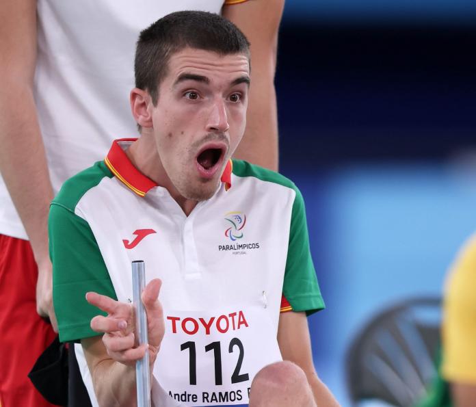 Paralympic boccia athlete Andre Ramos reacts during a match