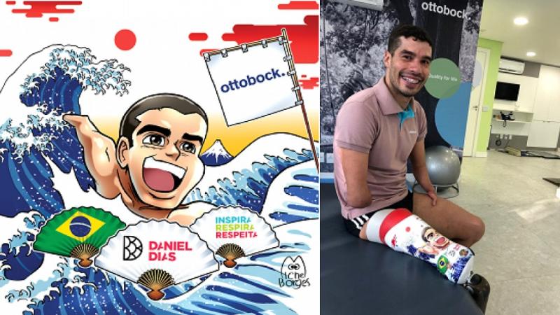 Daniel Dias with his new prosthetic leg and his manga version designed by artist Michel Borges