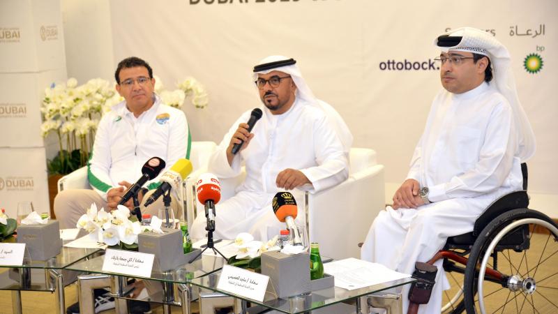 From right Thani Juma Berregad, Chairman of the Dubai 2019 Organising Committee; Majid Al Usaimi, Executive Director of Dubai 2019. and Tarek Souei Head of Sports Committee