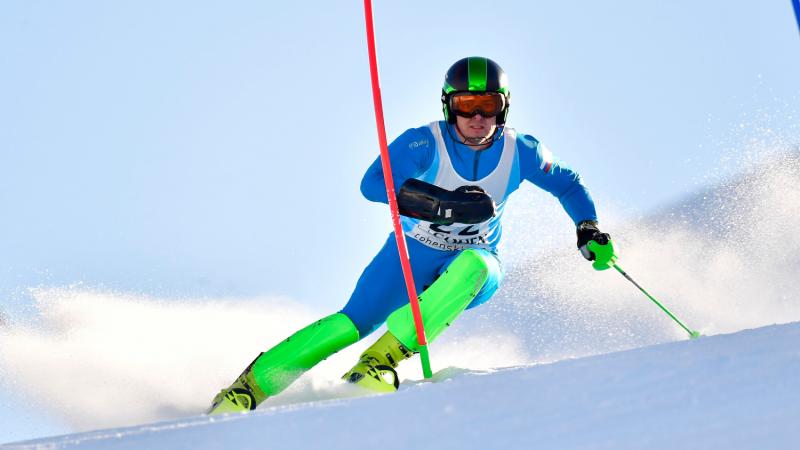 Russian male skier competes in the slalom