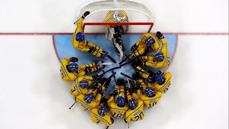 A Para ice hockey team on the ice seen from above