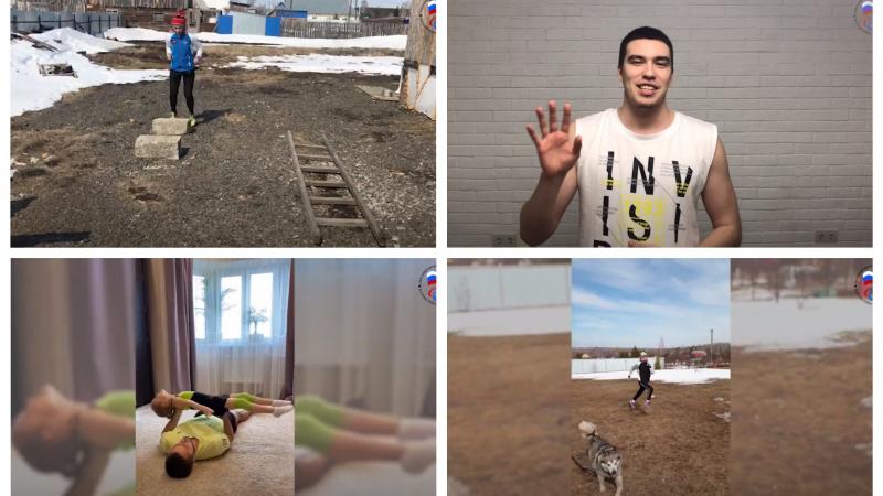 Photo collage of four Russian athletes doing home workouts