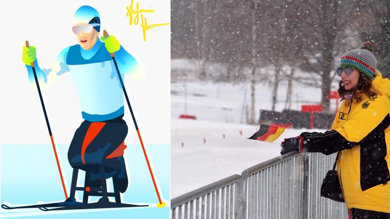 A picture of a woman in a snowy day on the right side and an artwork of a sit-skier on the left side
