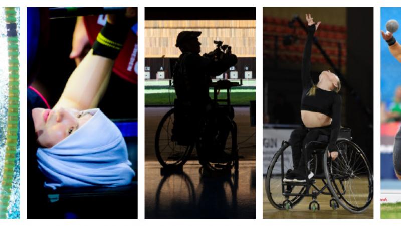 A picture montage showing a male swimmer underwater, a female powerlifter, a male wheelchair shooter, a female wheelchair dancer and a short stature man
