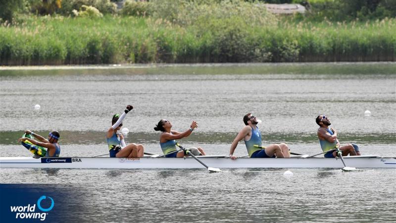 JUBILANT: Brazilian mixed coxed four team celebrates on boat after winning an event