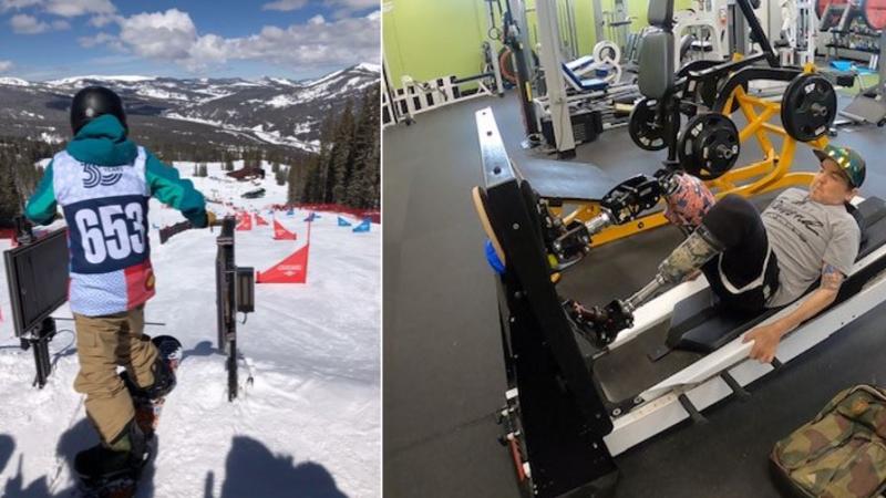 A picture of a man preparing to go down a snowboard slope and another picture of a man with prosthetic legs doing leg press in a gym