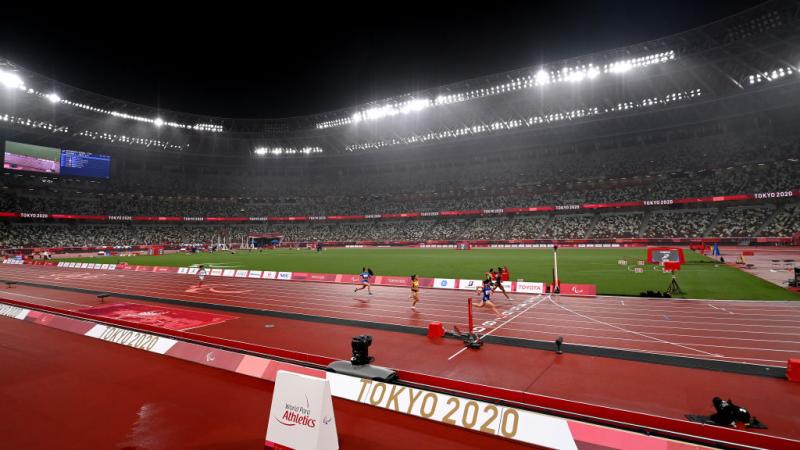 An athletics track in an empty stadium during the Tokyo 2020 Paralympic Games