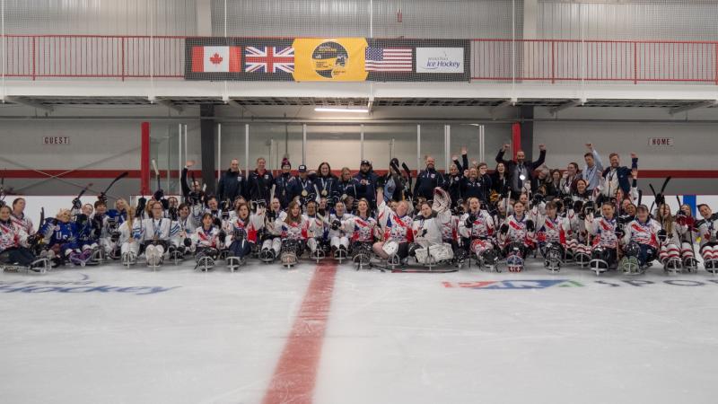 Four teams of female Para ice hockey players on ice during the 2022 Women's World Challenge