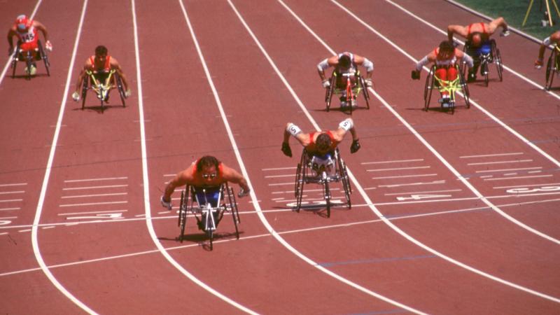 Athlete in track, Barcelona 1992 Paralympic Games.