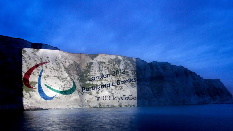 The Paralympic Symbol Projected onto the White Cliffs of Dover to mark 100 days to go