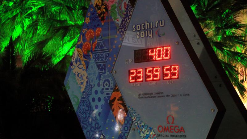 A picture of a stopwatch posting 400 days to go to the Sochi 2014 Paralympic Winter Games.