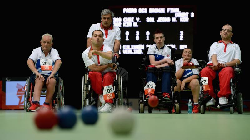 Joao Fernandes of Portugal plays a shot during the Mixed Team Boccia 