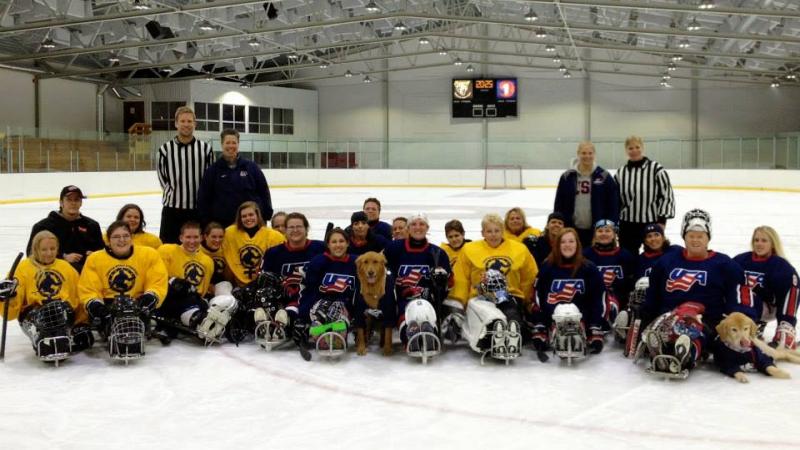 USA and Europe's women's ice sledge hockey teams