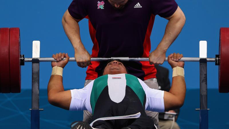 Jabbar Jaber of Iraq competes in the Men's -90 kg Powerlifting on day 6 of the London 2012 Paralympic Games
