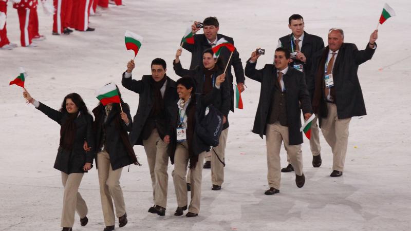 The Bulgarian team is led through the stadium by flag bearer Aleksandar Stoyanov during the Opening Ceremony of the 2010 Vancouver Winter Paralympic Games