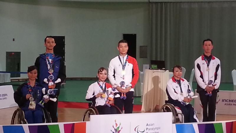 Three couples in training suits on a podium. 