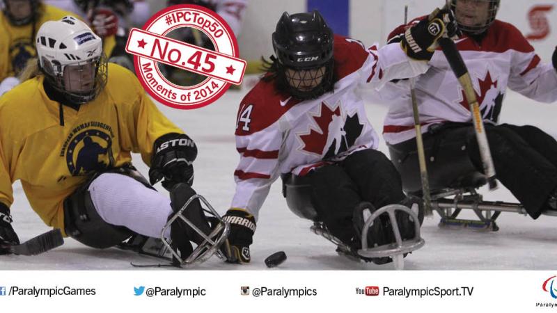 Female ice sledge hockey players