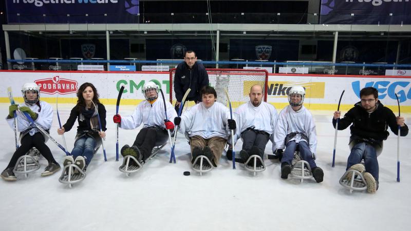 Seven people tried ice sledge hockey at a demonstration event organised by the Croatian NPC in December 2014.