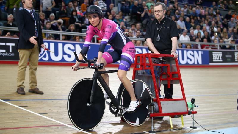 Dame Sarah Storey looks on prior to her women's hour record attempt at the Lee Valley Velodrome in London, Great Britain.