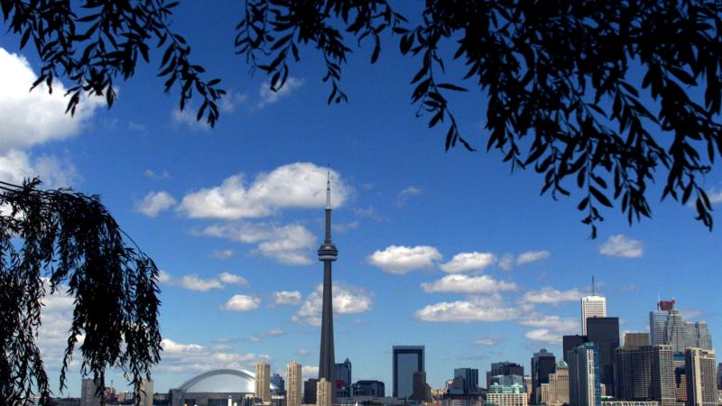A view of the skyline of Toronto featuring tall buildings and the CN Tower.