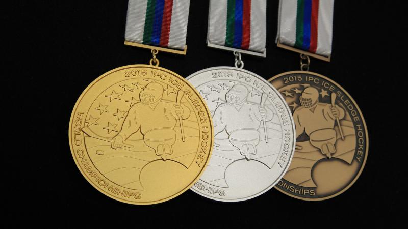 The gold, silver and bronze medal of the 2015 IPC Ice Sledge Hockey World Championships in Buffalo, USA.