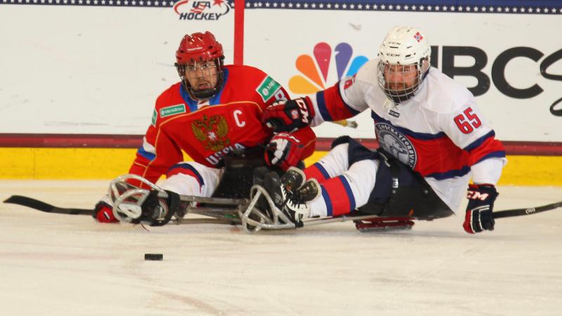 Two ice sledge hockey players chasing after the puck.