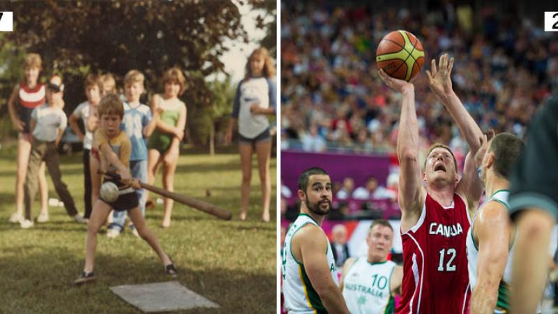 Two pictures, one of a kid with a baseball racket and one of a wheelchair basketball player