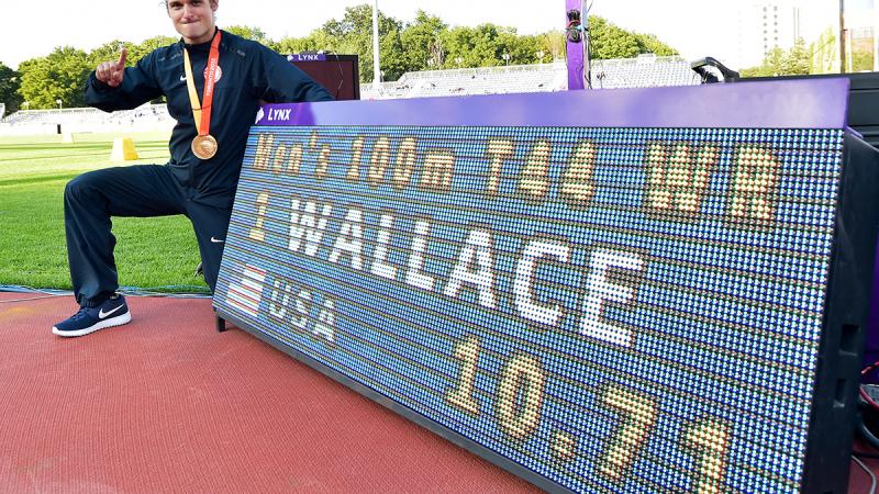 The USA's Jarryd Wallace after breaking the 100m T44 world record at Toronto 2015.