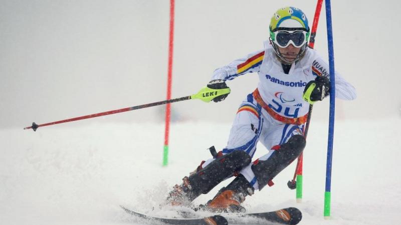 Laura Valeanu of Romania competes in the Women's Slalom 1st Run - Standing at the Sochi 2014 Paralympic Winter Games.
