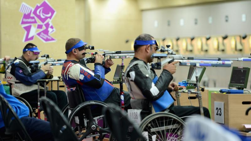 Richard Davies of Great Britain competes in the Mixed R4-10m Air Rifle Standing Shooting - SH2 qualifying at the London 2012 Paralympic Games.
