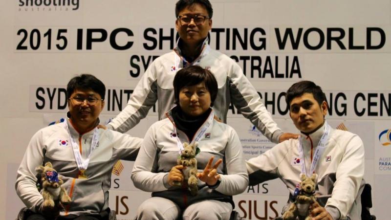 Chul Park, Juhee Lee and Ahn Kyounghee at the 2015 IPC Shooting World Cup in Sydney, Australia.
