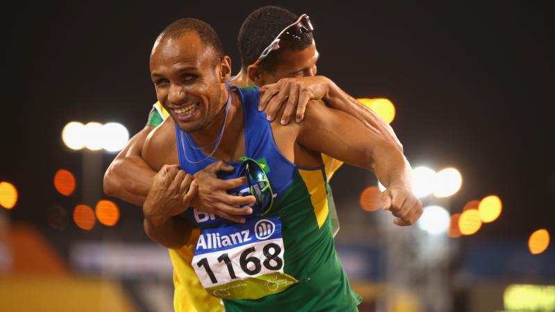 Brazil's Felipe Gomes of Brazil celebrates winning the men's 200m T11 final at the 2015 IPC Athletics World Championships in Doha, Qatar.