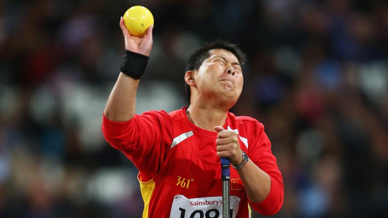China's Liwan Yang competes in the women's shot put - F54/55/56 final at  the London 2012 Paralympic Games.