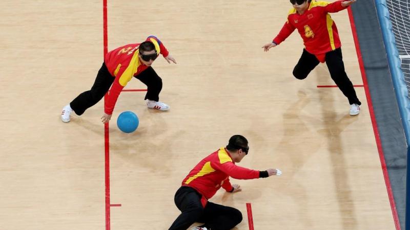 Team China in action during the Men's Group B Goalball match between China and Iran at the London 2012 Paralympic Games.