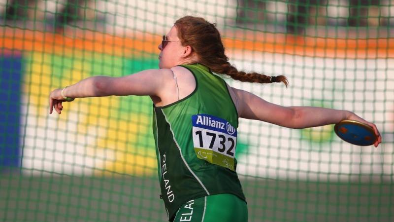 Noelle Lenihan of Ireland competes in the women's discus F38 final at the 2015 IPC Athletics World Championships in Doha, Qatar. 
