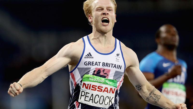 Jonnie Peacock of Great Britain celebrates after winning the men's 100 meter T44