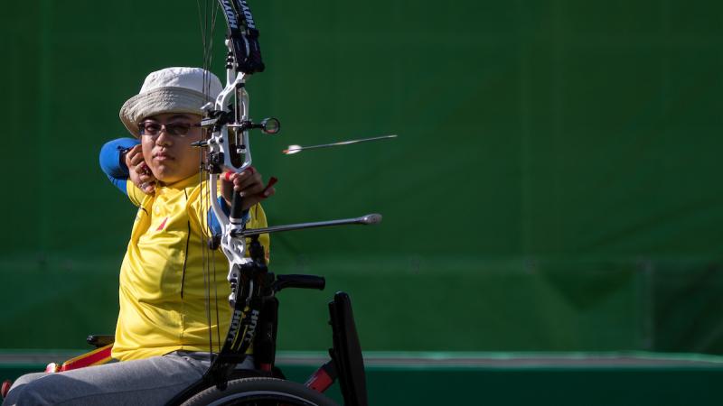 Xinliang Ai CHN competing against Turkey in the Mixed Team Compound Open Archery semi-final match at the Sambodromo