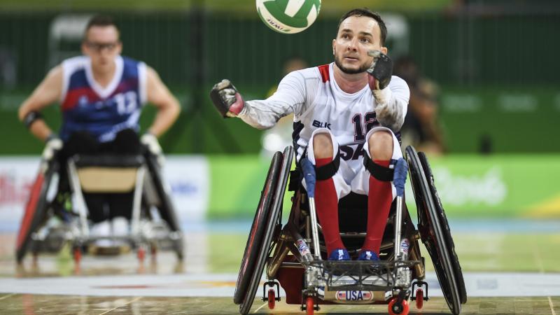 The USA's Chad Cohn competes during the wheelchair rugby match against France at the Rio 2016 Paralympic Games.