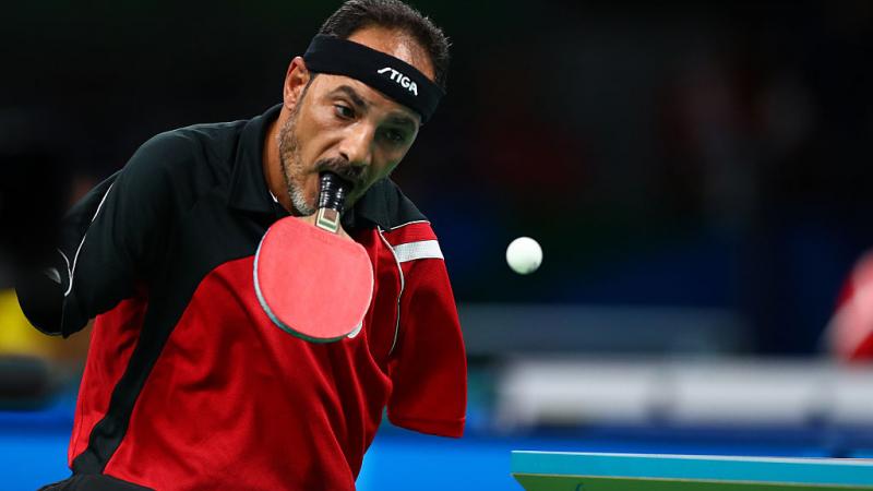 Ibrahim Hamadtou of Egypt competes in the men's singles Table Tennis - Class 6 at the Rio 2016 Paralympic Games.