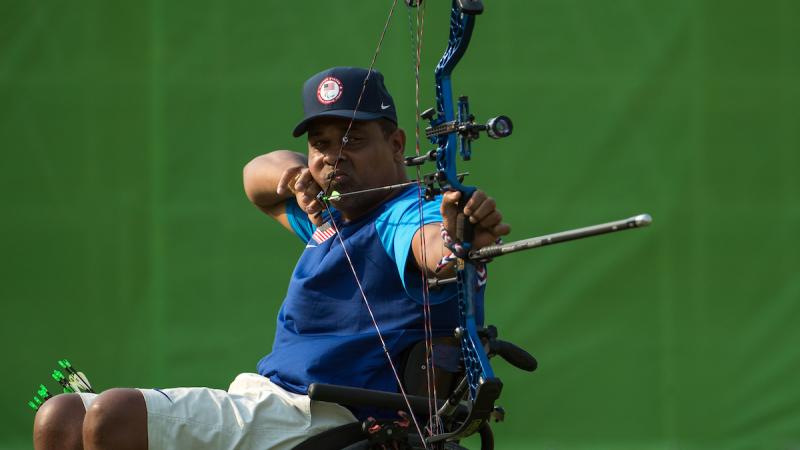 Andre Shelby USA competes in the Men's Archery Individual Compound Open 1/8 Elimination Round against Nathan MacQueen GBR at Sambodromo
