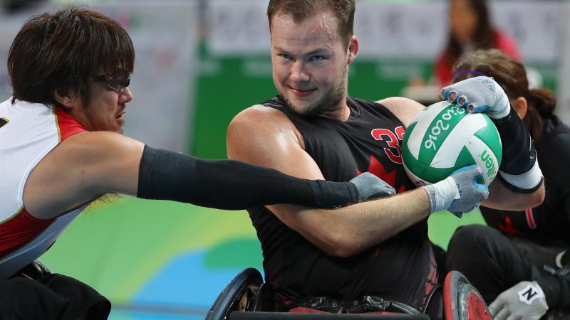Zak Madell of Canada in action during the Men's Wheelchair Rugby Bronze Medal match against Japan