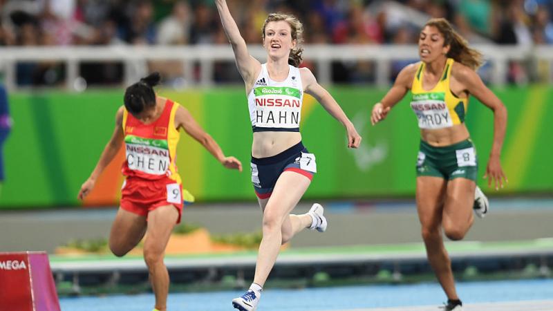 Sophie Hahn of Great Britain celebrates after winning the women's 100 meter T38 on day 2 of the Rio 2016 Paralympic Games