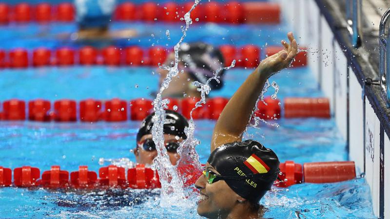 Teresa Perales of Spain celebrates winning the gold medal in the Women's 50m Backstroke - S5 on day 9 of the Rio 2016 Paralympic Games