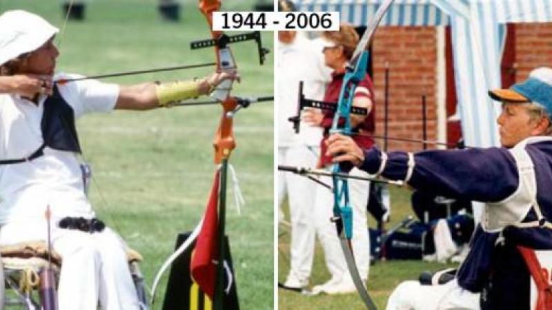 Two photos of an archer shooting a bow are shown. The image on the right is from 1944, and the image on the left is from 2006.
