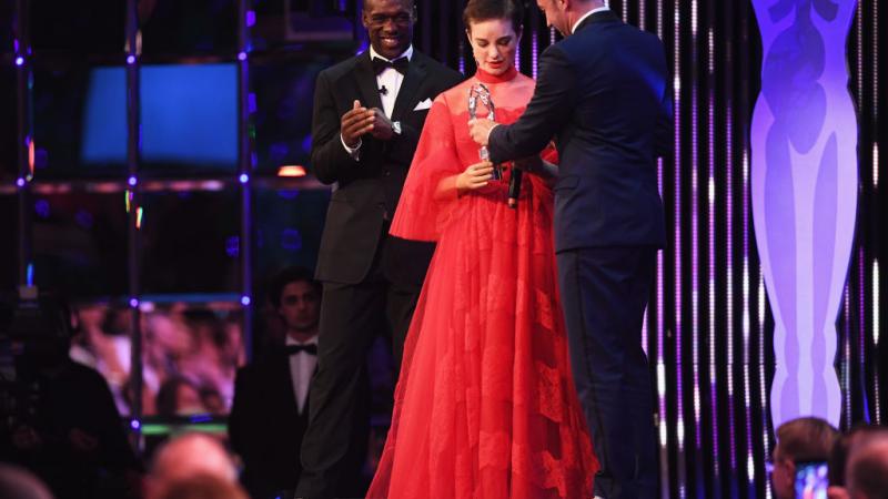 Laureus Academy member Alessandro Del Piero hands the Laureus World Sportsperson of the Year with a Disability Award to winner Fencer Beatrice Vio of Italy during the 2017 Laureus World Sports Awards.