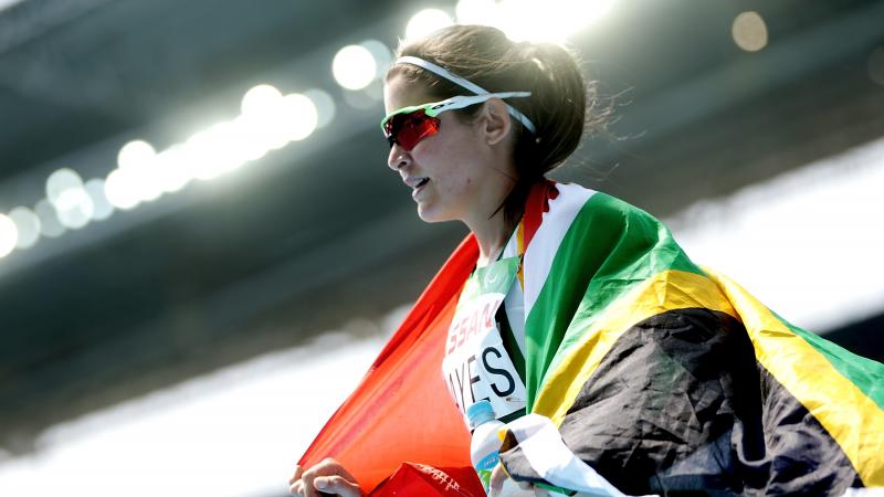 South Africa's Ilse Hayes celebrates wining silver in the 400m T13 final at Rio 2016.